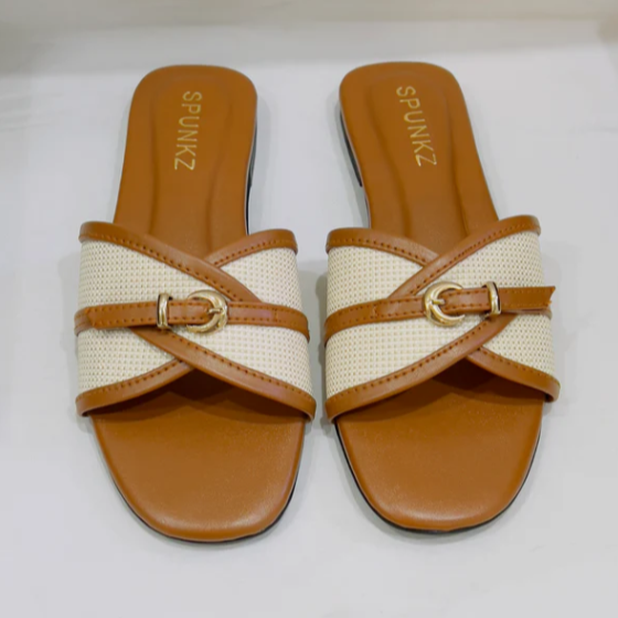 Casual Woven Flat Slides with Gold Buckle