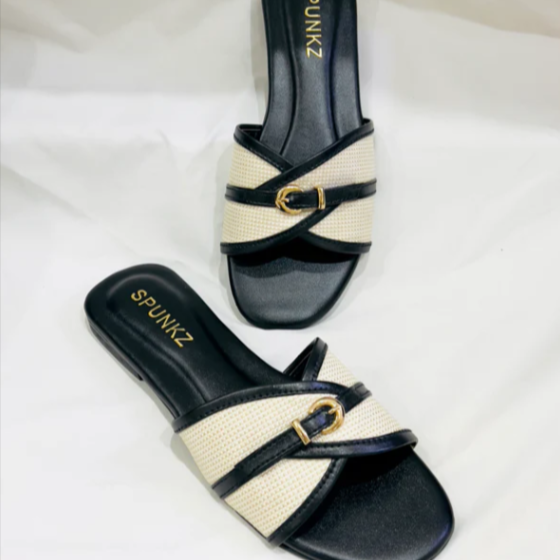 Casual Woven Flat Slides with Gold Buckle