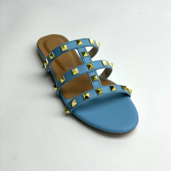 Edgy Studded Cage Flat Sandals | Sky Blue & NUDE Slippers