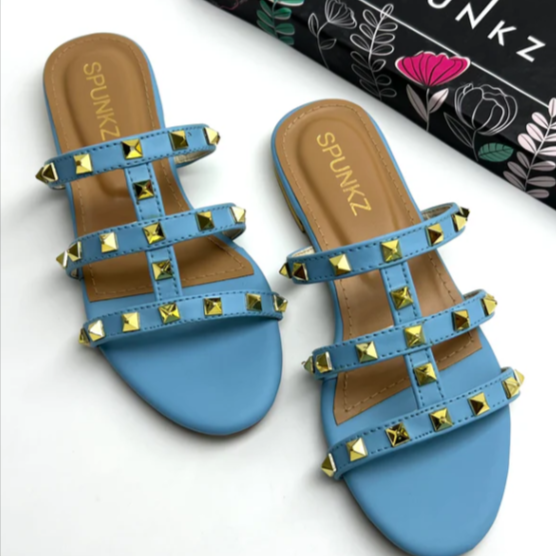 Edgy Studded Cage Flat Sandals | Sky Blue & NUDE Slippers