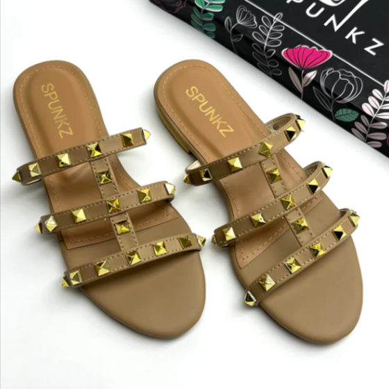Edgy Studded Cage Flat Sandals | Sky Blue & NUDE Slippers