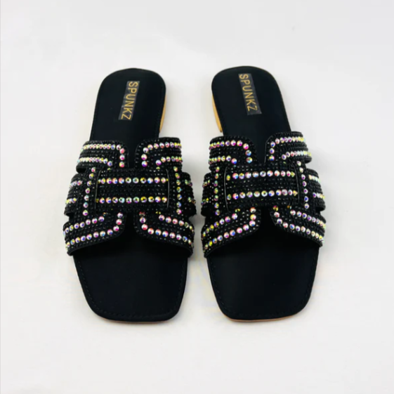 Embellished H-Strap Sandals with Multi-Color Crystals