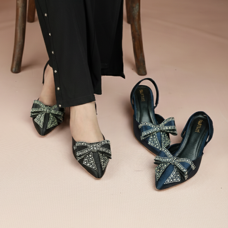 Women Rhinestone Bow Flat Slingback Pump Shoes #10397