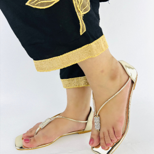 Women’s Gold Flat Sandals – Rhinestone Embellished Slip-On Dressy Flats