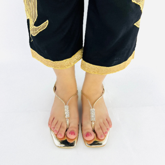 Women’s Gold Flat Sandals – Rhinestone Embellished Slip-On Dressy Flats