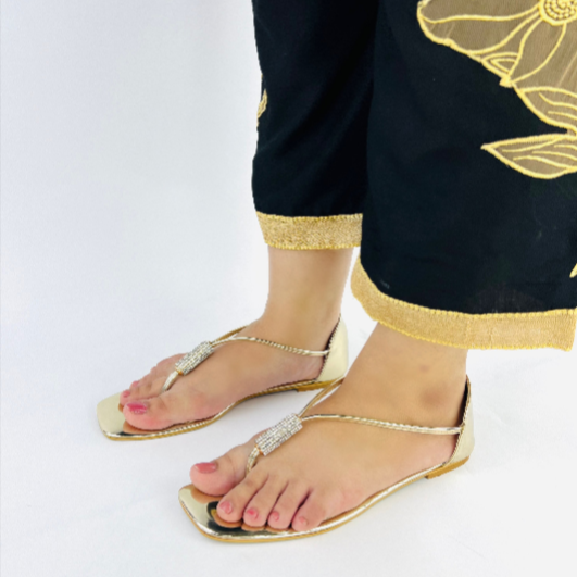Women’s Gold Flat Sandals – Rhinestone Embellished Slip-On Dressy Flats