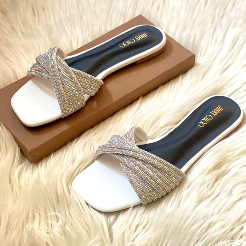 JC Rhinestone Flats Criss Cross Straps Party Wear Shimmering Slippers #10399