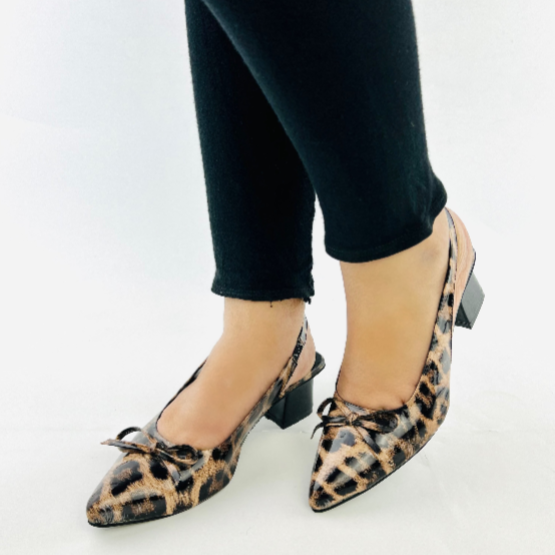 Leopard Print Slingback Heels - Women's Block Heel Pumps with BowNot