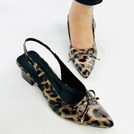 Leopard Print Slingback Heels - Women's Block Heel Pumps with BowNot