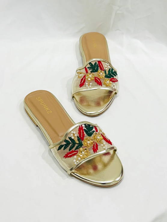 Gold Embroidered Fancy Flat Sandals –Stylish Slip-On Slippers