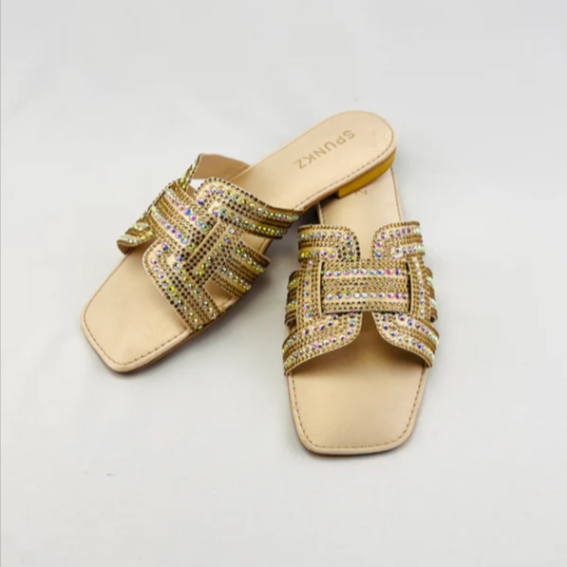 Embellished H-Strap Sandals with Multi-Color Crystals
