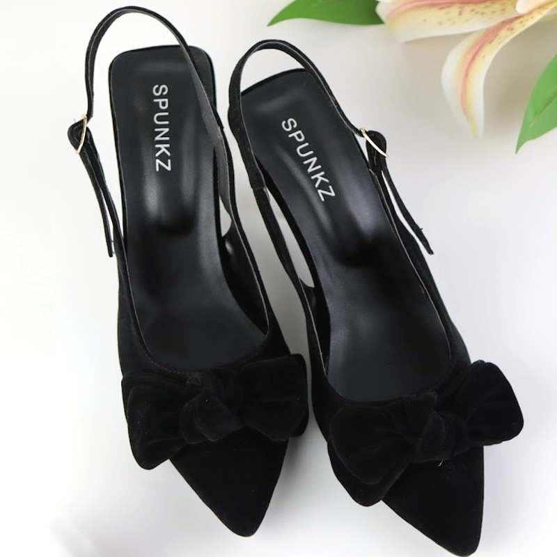 Sueded Heel Kitten Bow Slip-On Shallow Velvet Pumps