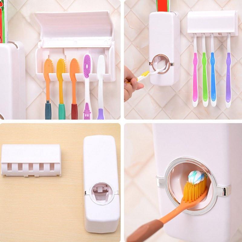 Toothpaste dispenser with 5 toothbrush holder