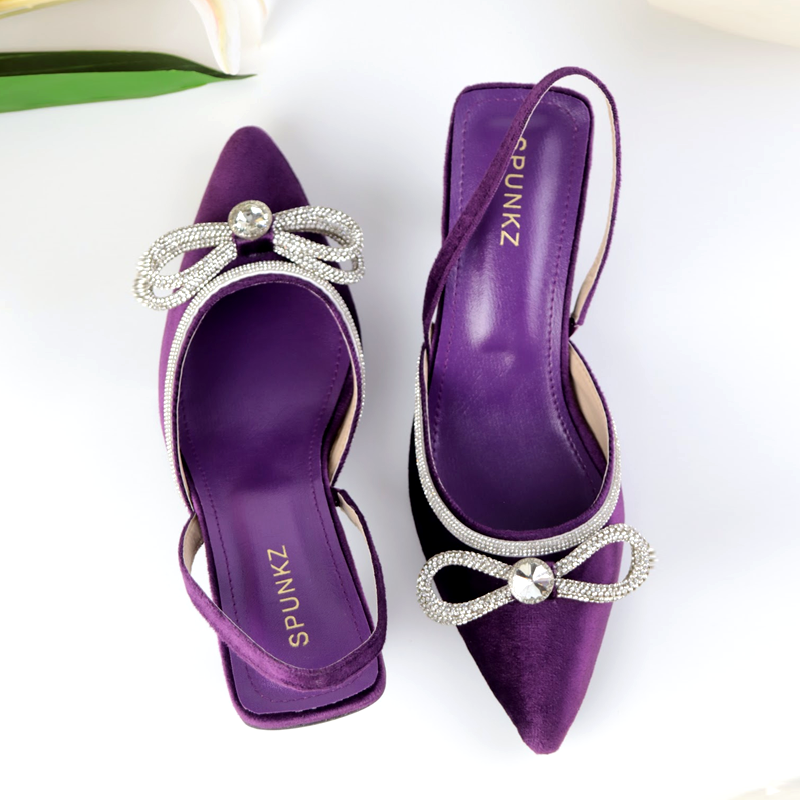 Spunkz Velvet Heels Fancy Rhinestone Bow Slingback Pumps