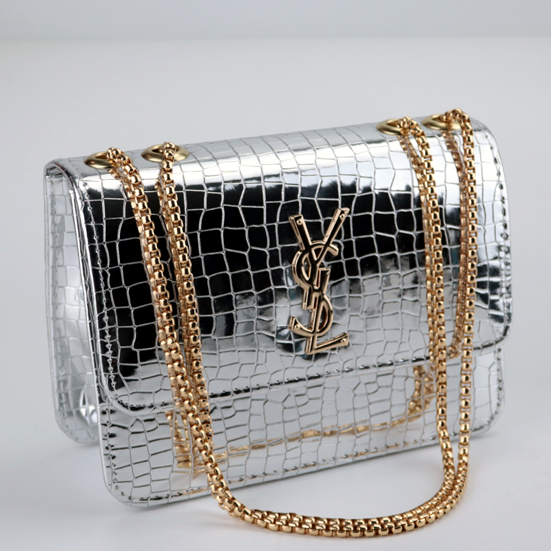 Croc Pattern Metallic Shine Chain Crossbody Bag