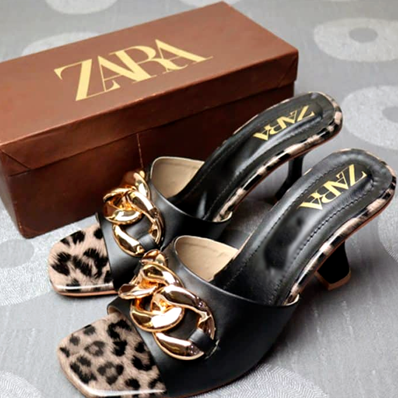 Heels Square Toe Pointed Head Leopard Print Chain Decor Sandals #10372