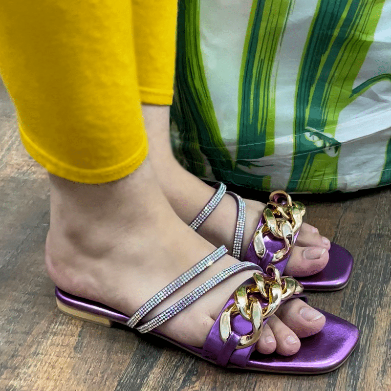 Flat Sandal Chain Style Rhinestone Strap Fancy Slides #1198