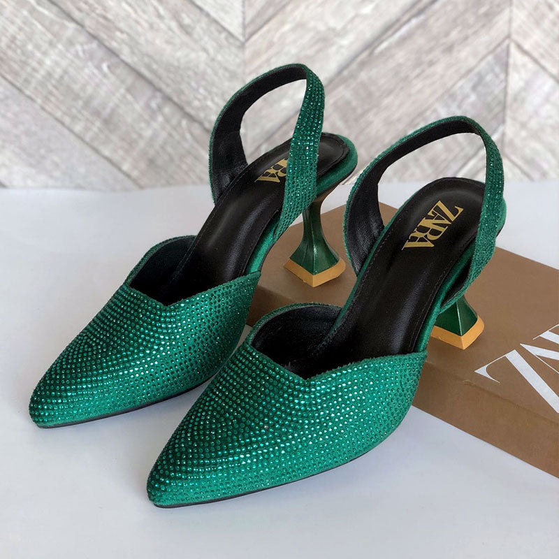 Rhinestone Pointed Toe Pumps Slingback Velvet Heels Z-10407
