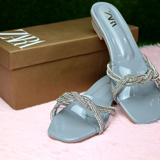 Rhinestone Vinyl Heels Flat Sandals #6758