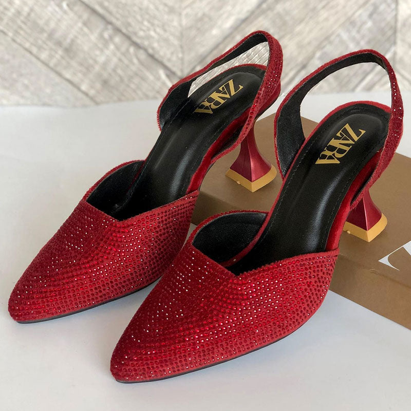 Rhinestone Pointed Toe Pumps Slingback Velvet Heels Z-10407