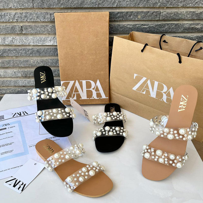 Pearl Ladies Shoes – Women White Pearl Casual Slippers Flat Shoes- #10381