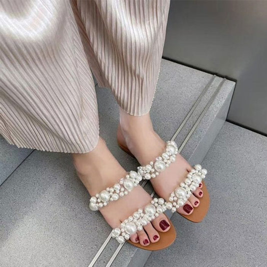 Pearl Ladies Shoes β Women White Pearl Casual Slippers Flat Shoes- #10381