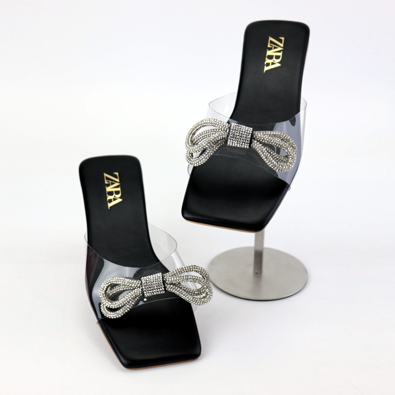 Transparent Rhinestone Bow Square Toe Flat Slippers #15642