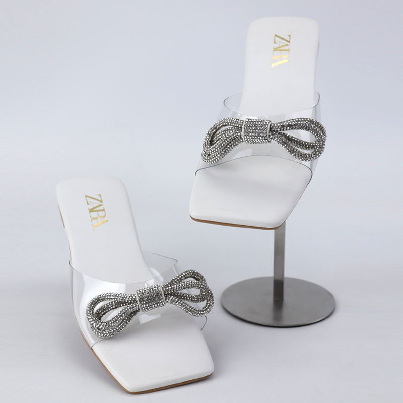 Transparent Rhinestone Bow Square Toe Flat Slippers #15642 #22