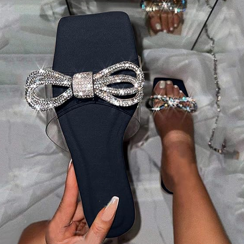 Transparent Rhinestone Bow Square Toe Flat Slippers #15642