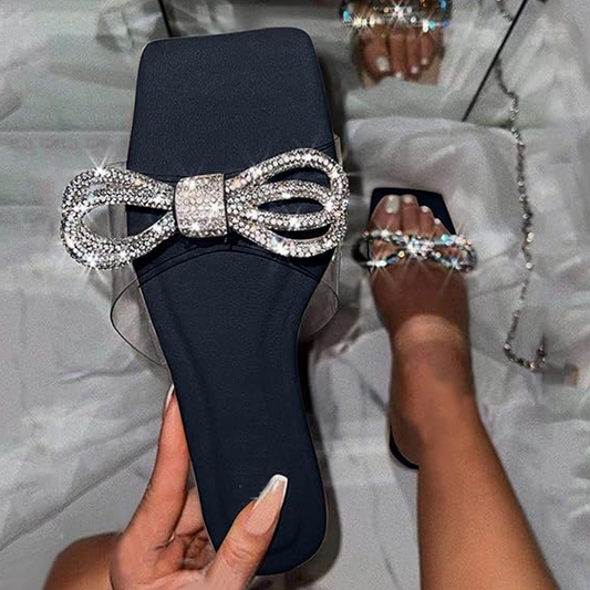 Transparent Rhinestone Bow Square Toe Flat Slippers #15642