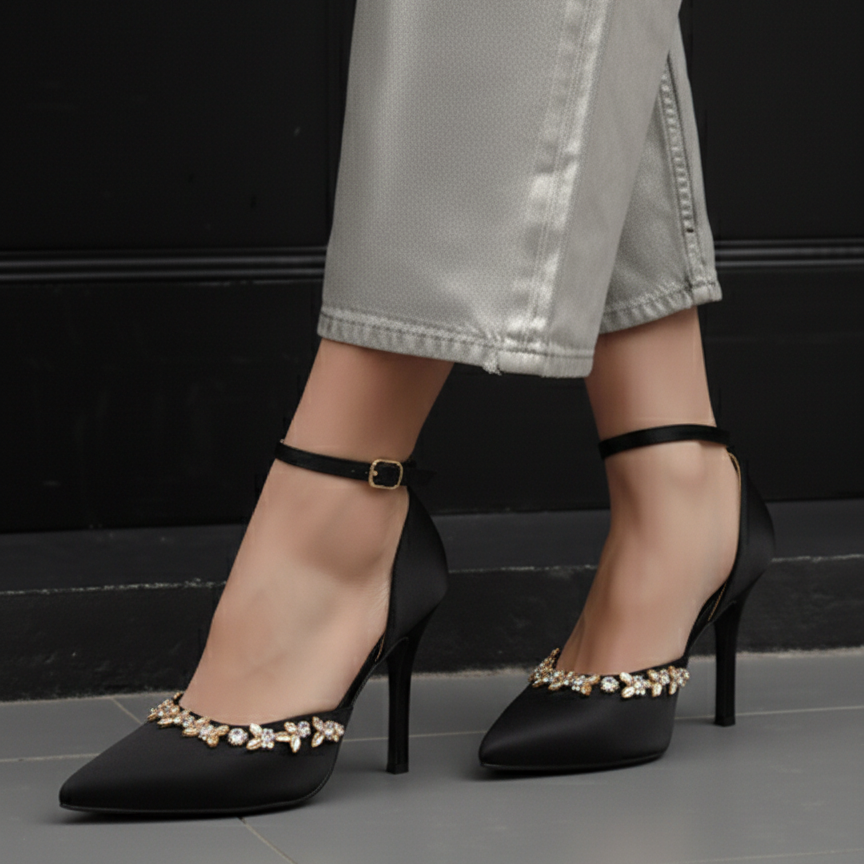Marquise Rhinestones Pointed Toe Ankle Strap Heel Shoes