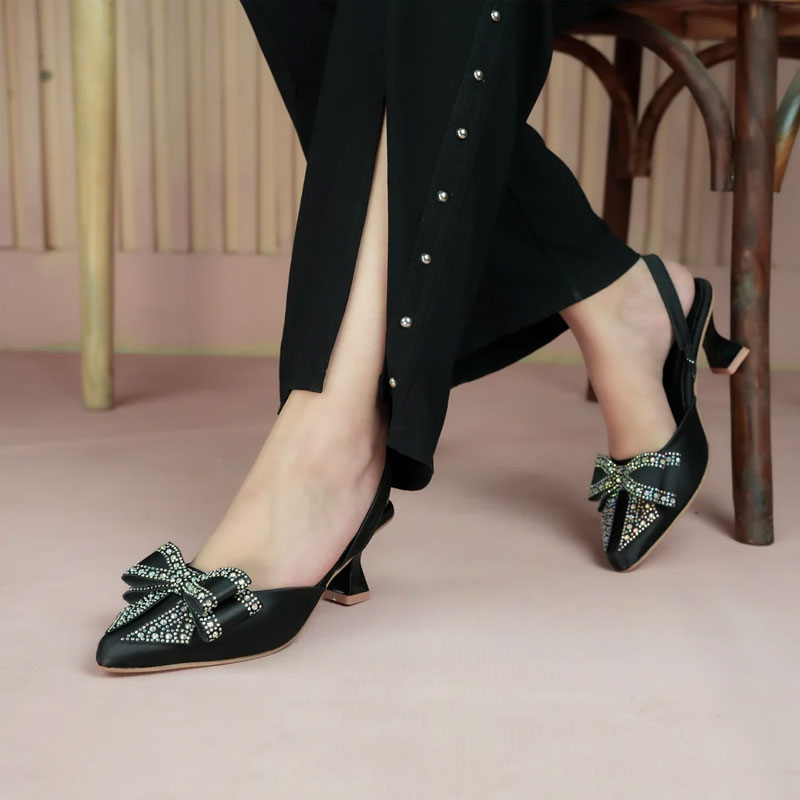 Elegant Rhinestone Bow Kitten Heel Satin Slingback Shoes #10396