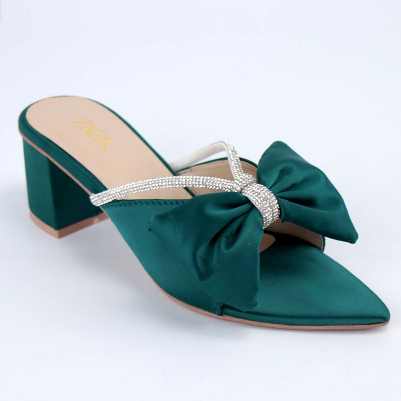 Formal Satin Bow Rhinestone Decor Block Heels Z-10386