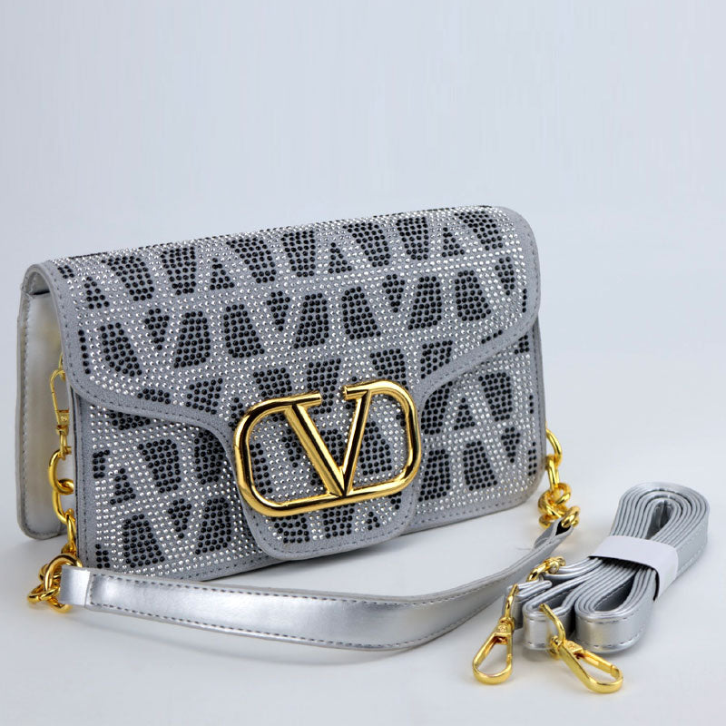 V Gold Logo Rhinestone Decor Evening Shoulder Bag -2003