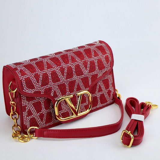 V Gold Logo Rhinestone Decor Evening Shoulder Bag -2003