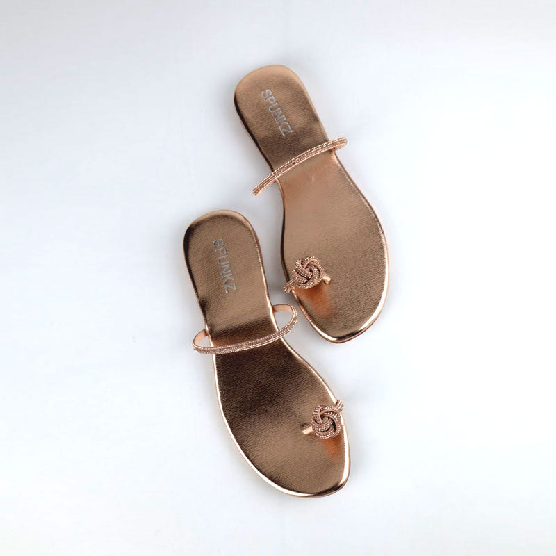 Versatile Rose Gold Rhinestones Flower Bow Strap Toe Ring Trendy Flats