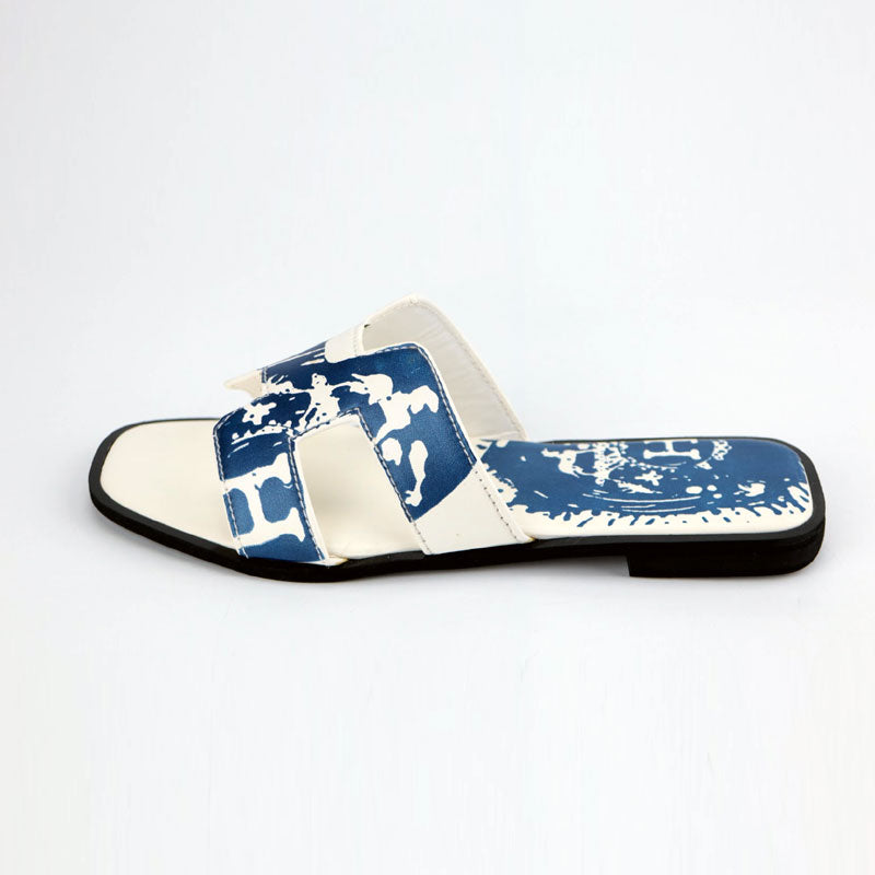 H Strap Tie Dye Leather Non Slip Flat Women Slippers H-10387