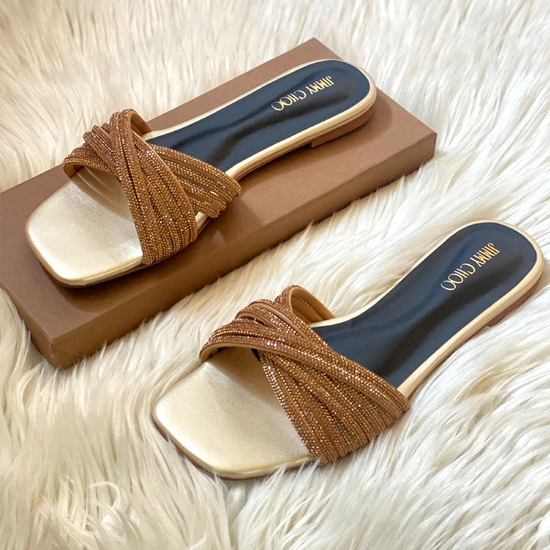 JC Rhinestone Flats Criss Cross Straps Party Wear Shimmering Slippers #10399 #22