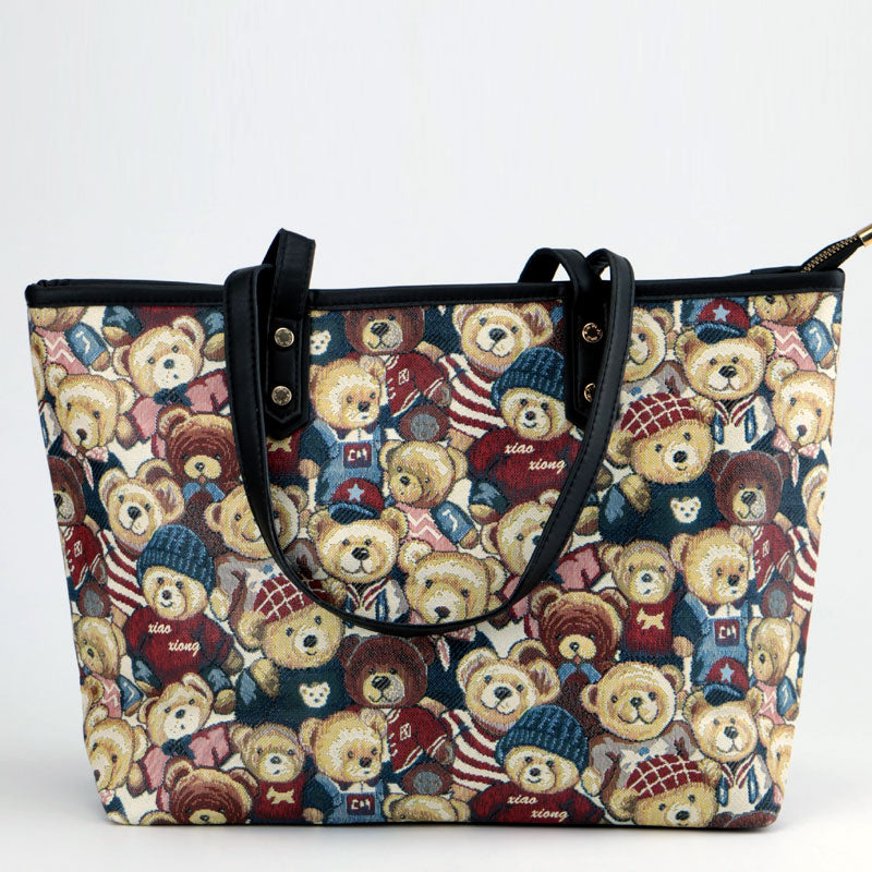 Cute Teddy Bear Print Canvas Large Tote Bags #22