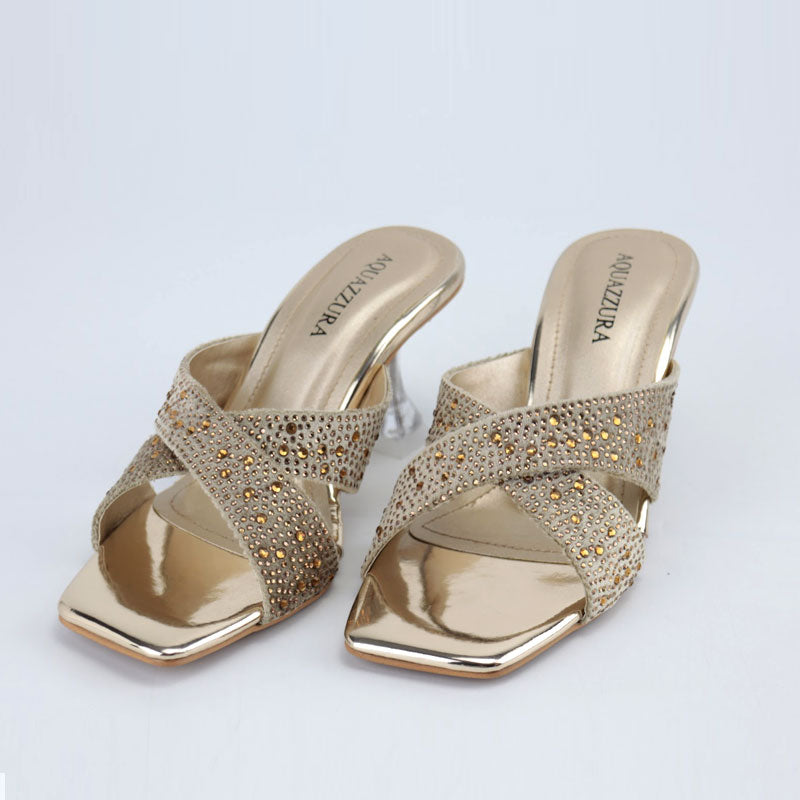 Shiny Stone Heel Crystal Embellished Cross Strap Clear Sandals AQ-1322