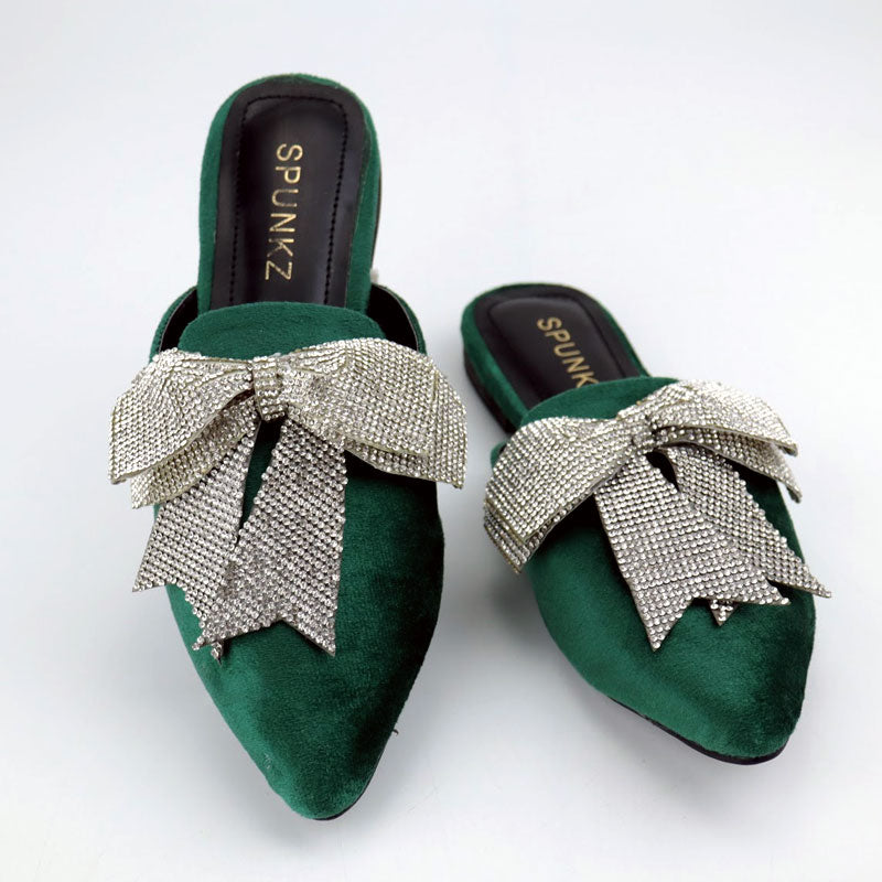 Velvet Mules Rhinestone Bow Fancy Cut Shoes Online in Pakistan