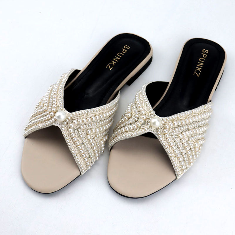 White Pearls Flat Sandals for Women