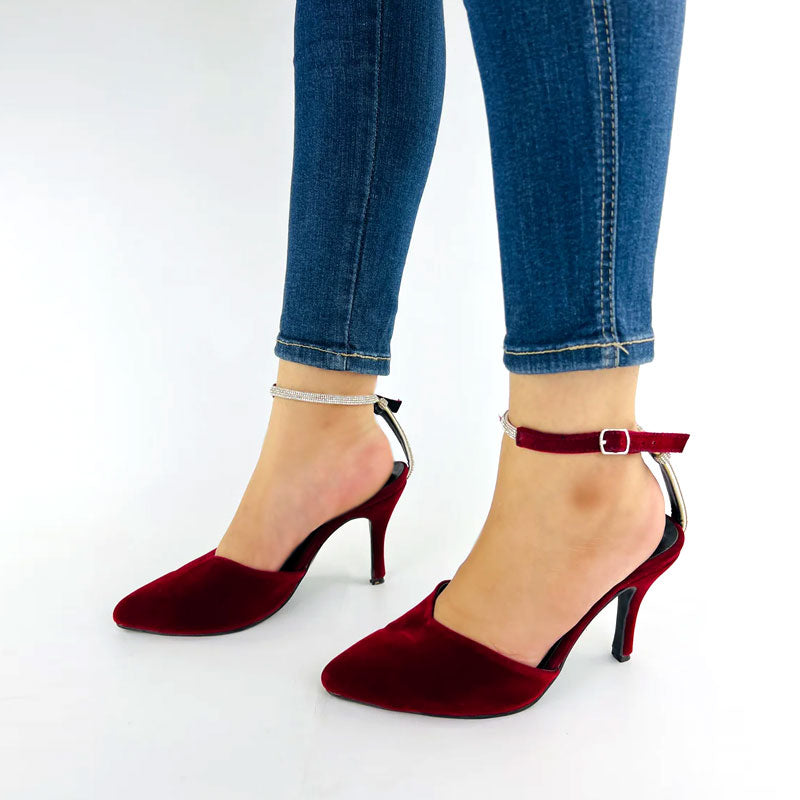 Women Velvet High Heels with Rhinestones Ankle Strap Shoes in