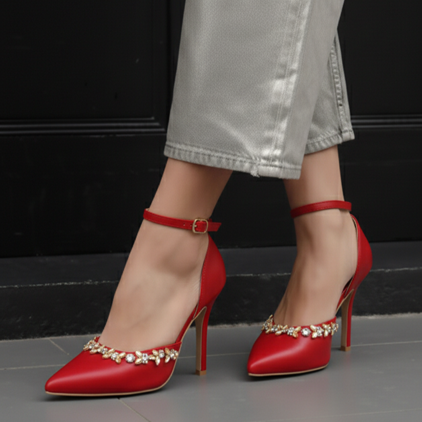 Marquise Rhinestones Pointed Toe Ankle Strap Heel Shoes
