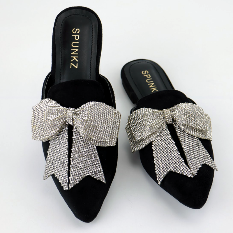 Velvet Loafers Mules Rhinestone Bow Fancy Cut Shoes