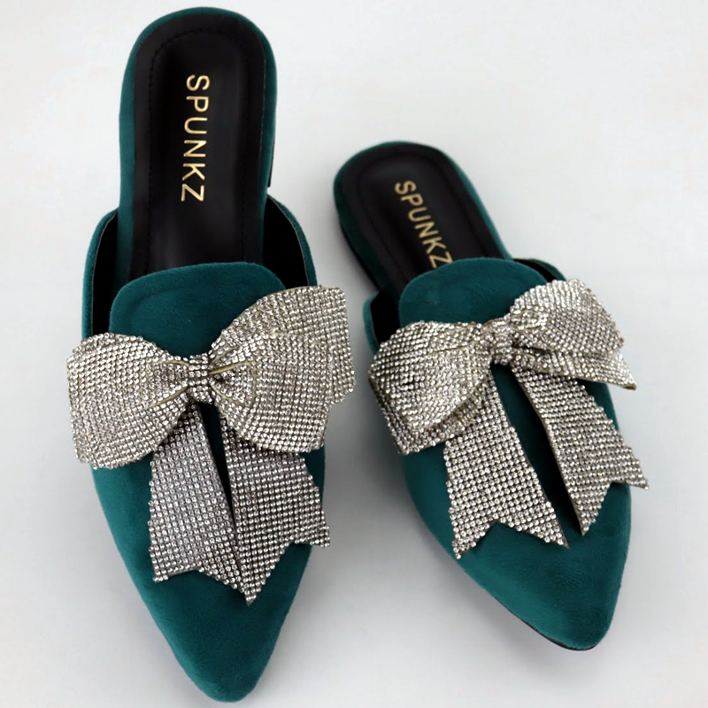 Velvet Loafers Mules Rhinestone Bow Fancy Cut Shoes