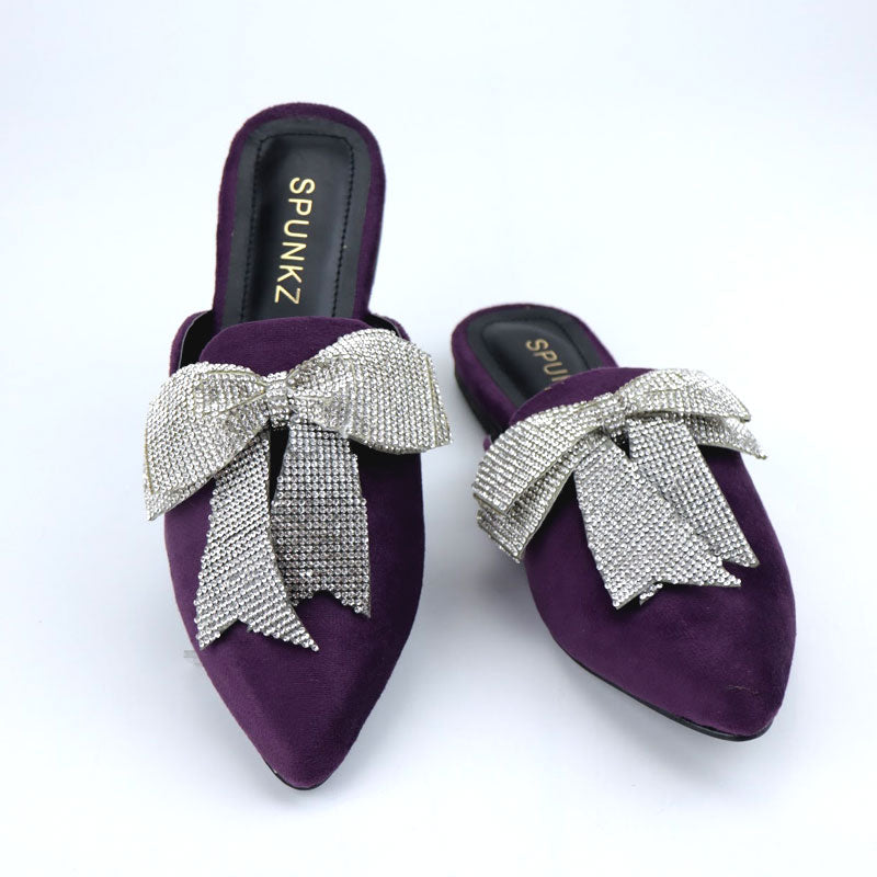 Velvet Loafers Mules Rhinestone Bow Fancy Cut Shoes