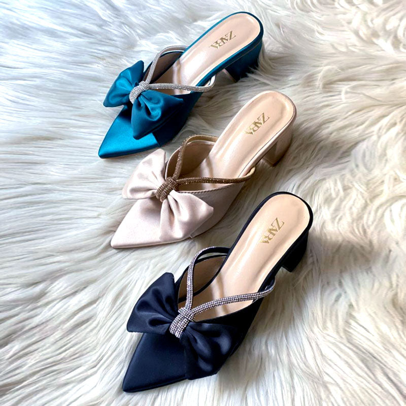 Formal Satin Bow Rhinestone Decor Block Heels Z-10386
