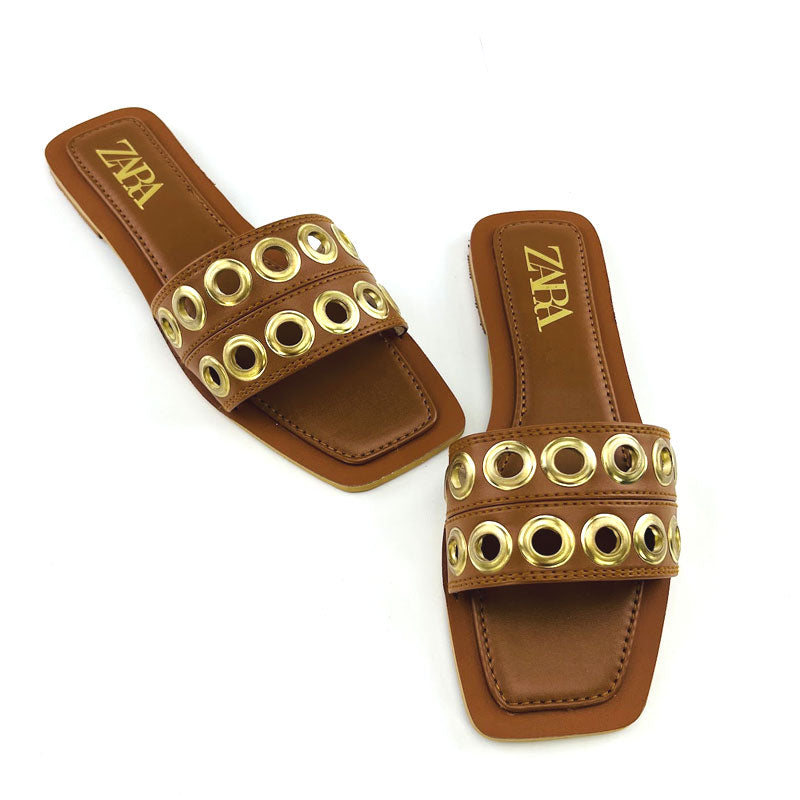 Metal Appliques Inspired Flat Leather Sandals #10403