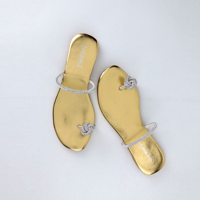 Versatile Rose Gold Rhinestones Flower Bow Strap Toe Ring Trendy Flats